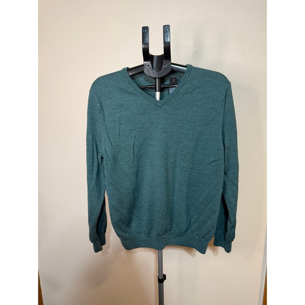 J.Crew Mens Merino Wool V-Neck Sweater Teal Green Large Long Sleeve Knit